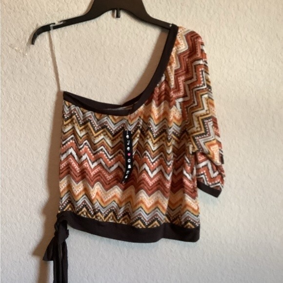 women's western geometric aztec tribal one Shoulder shirt tie L preowned - Picture 1 of 7